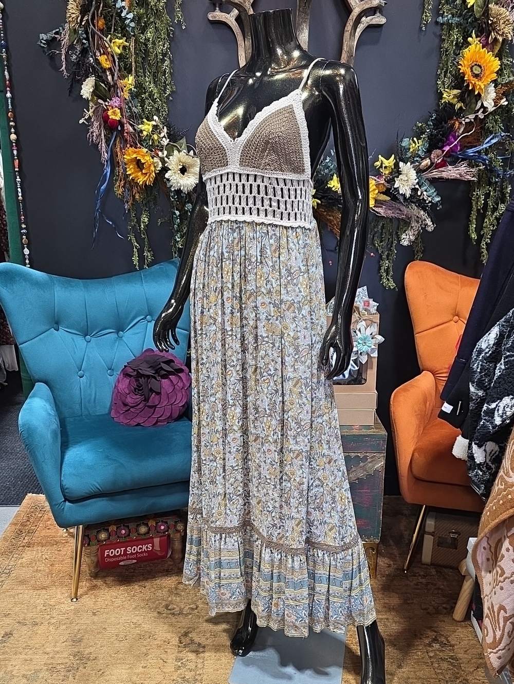 Forever 21 Beige Crochet Bodice Floral Maxi Dress with Floral Pattern Skirt